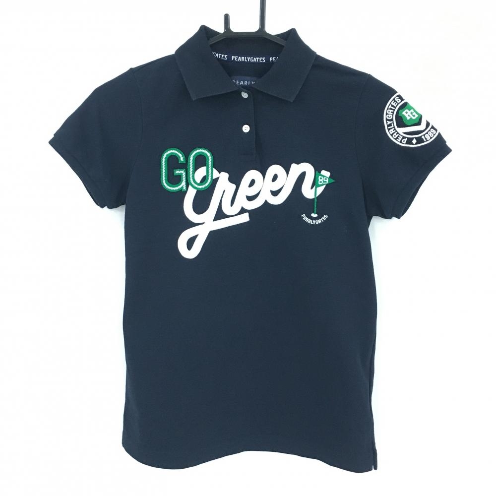 【美品】パーリーゲイツ 半袖ポロシャツ ネイビー×白 フロントロゴ レディース 0(S) ゴルフウェア PEARLY GATES