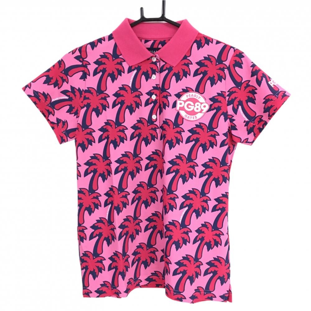 【新品】パーリーゲイツ 半袖ポロシャツ ピンク×レッド ヤシの木柄 レディース 1(M) ゴルフウェア PEARLY GATES