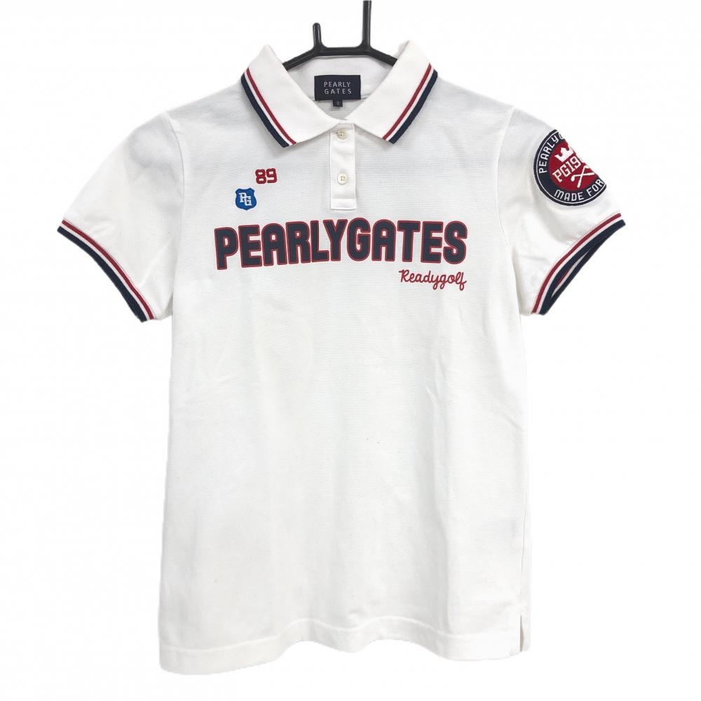 パーリーゲイツ 半袖ポロシャツ 白×ダークネイビー×レッド フロントロゴプリント レディース 0(S) ゴルフウェア PEARLY GATES