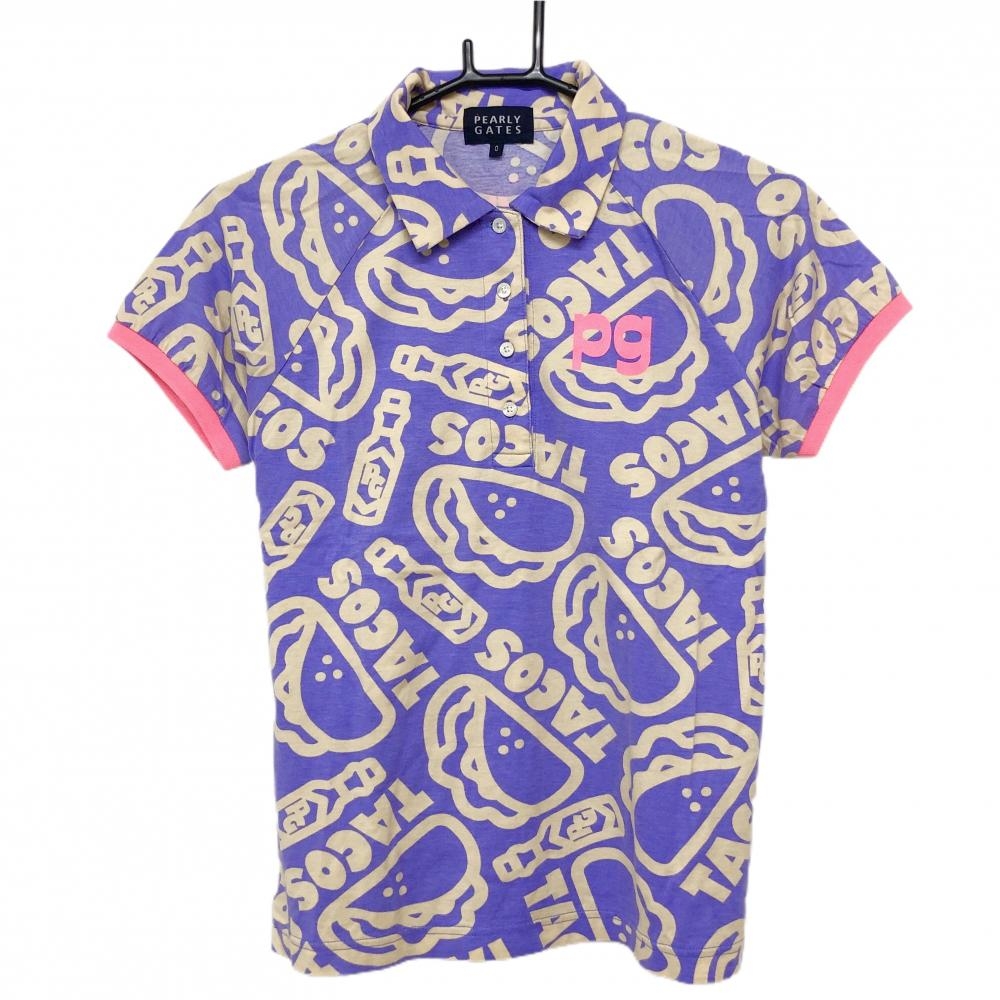 【美品】パーリーゲイツ 半袖ポロシャツ ライトパープル×ベージュ 総柄 袖口蛍光ピンク  レディース 0(S) ゴルフウェア PEARLY GATES