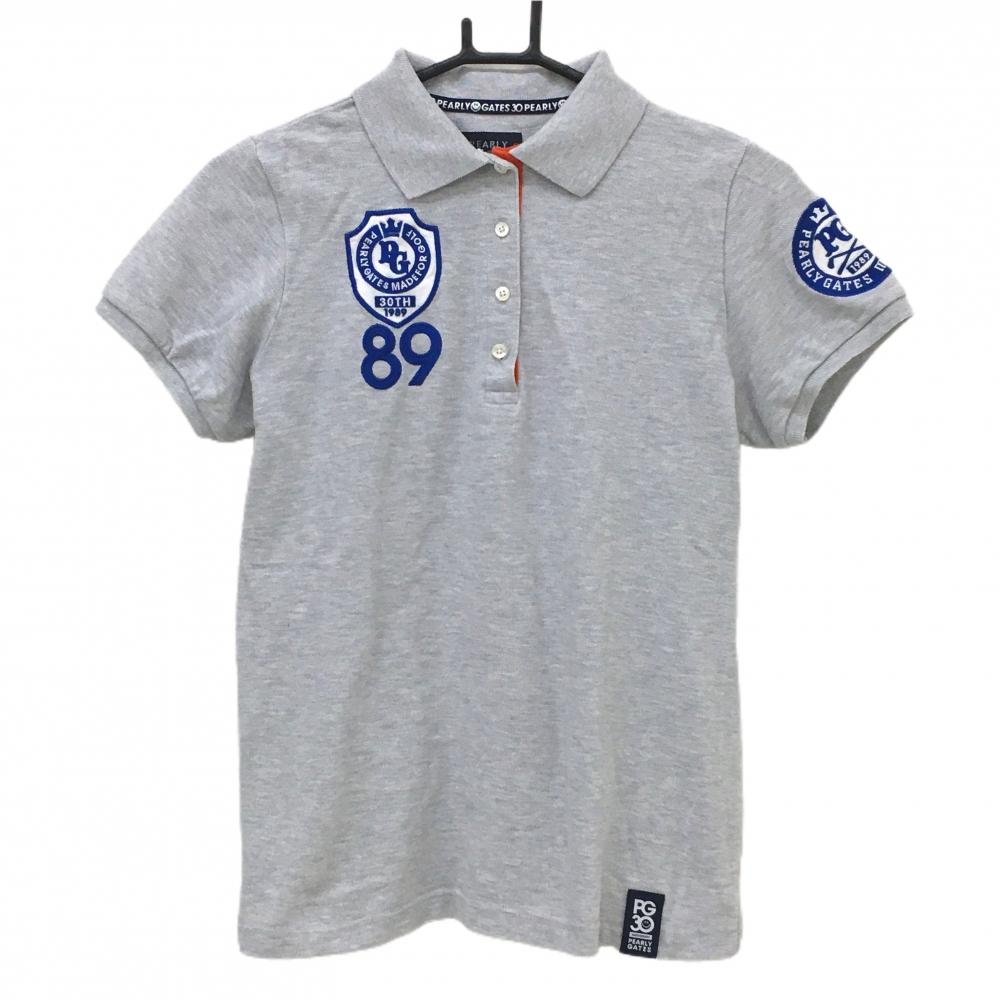 【美品】パーリーゲイツ 半袖ポロシャツ ライトグレー×ブルー ワッペン レディース 1(M) ゴルフウェア PEARLY GATES