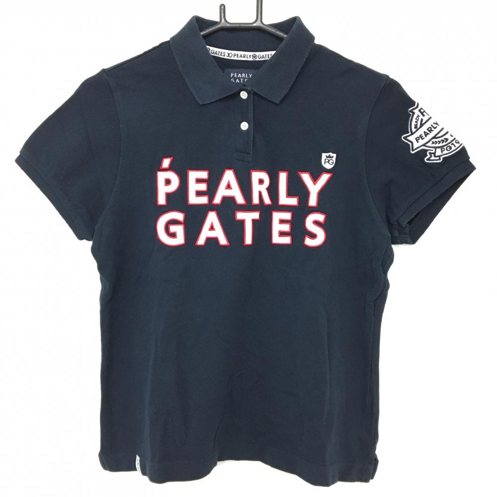 パーリーゲイツ 半袖ポロシャツ ネイビー×白 フロントロゴ 30周年 レディース 2(L) ゴルフウェア PEARLY GATES