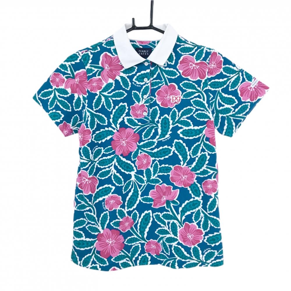 【美品】パーリーゲイツ 半袖ポロシャツ グリーン×ピンク 総柄 花  レディース 1(M) ゴルフウェア PEARLY GATES