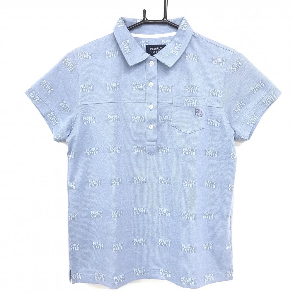 【超美品】パーリーゲイツ 半袖ポロシャツ ライトブルー×白 ロゴ総柄 胸ポケット レディース 1(M) ゴルフウェア PEARLY GATES