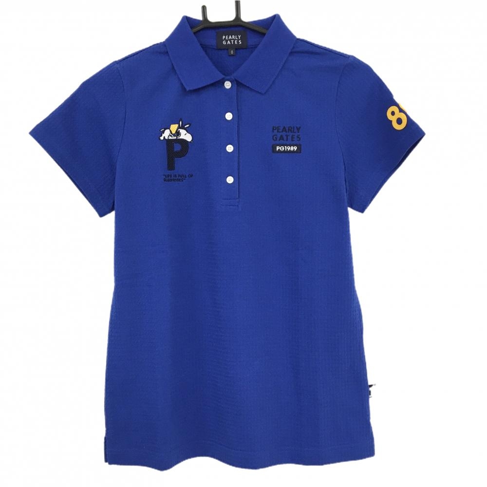 【超美品】パーリーゲイツ×PEANUTS 半袖ポロシャツ ブルー 織生地 うさ耳スヌーピー  レディース 0(S) ゴルフウェア PEARLY GATES