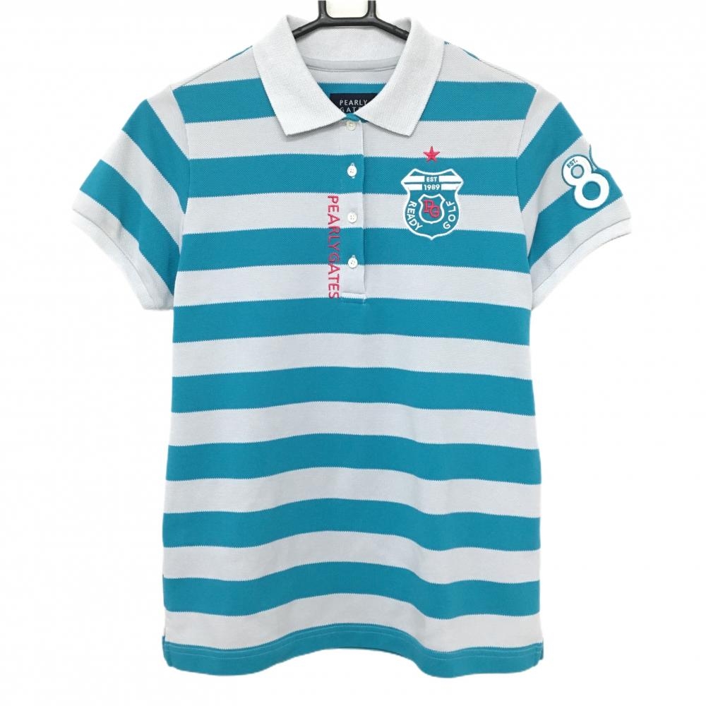 【美品】パーリーゲイツ 半袖ポロシャツ ライトグレー×グリーンブルー系 ボーダー レディース 1(M) ゴルフウェア PEARLY GATES