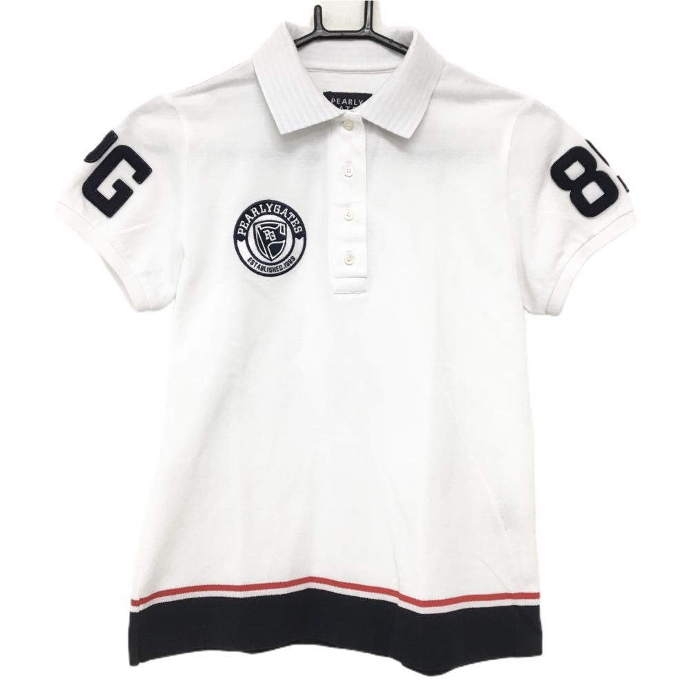 【美品】パーリーゲイツ 半袖ポロシャツ 白×ネイビー 襟裏ボーダー フェルトワッペン レディース 1(M) ゴルフウェア PEARLY GATES