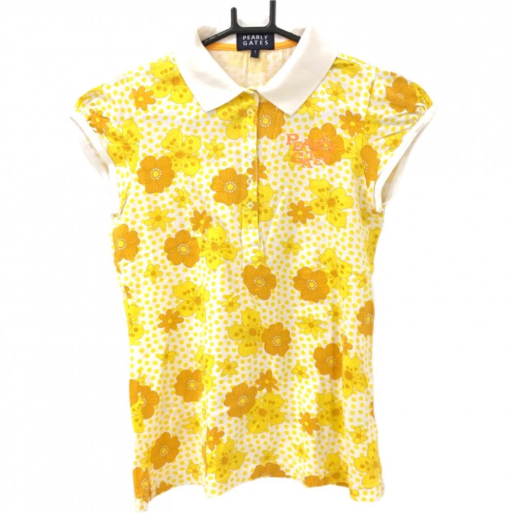 【超美品】パーリーゲイツ 半袖ポロシャツ 白×イエロー 花柄 スナップボタン レディース 1(M) ゴルフウェア PEARLY GATES
