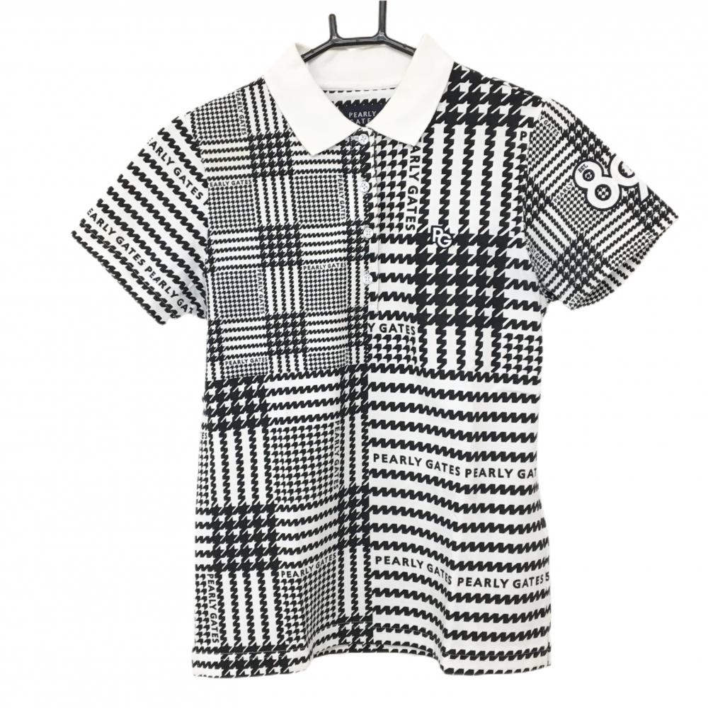 パーリーゲイツ 半袖ポロシャツ 白×黒 グレンチェック ロゴ  レディース 0(S) ゴルフウェア PEARLY GATES