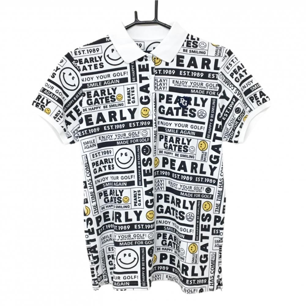【美品】パーリーゲイツ 半袖ポロシャツ 白×ネイビー ロゴ総柄 ニコちゃん  レディース 1(M) ゴルフウェア PEARLY GATES