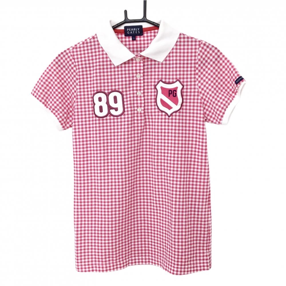 【超美品】パーリーゲイツ 半袖ポロシャツ 白×ピンク ギンガムチェック ワッペン レディース 1(M) ゴルフウェア PEARLY GATES