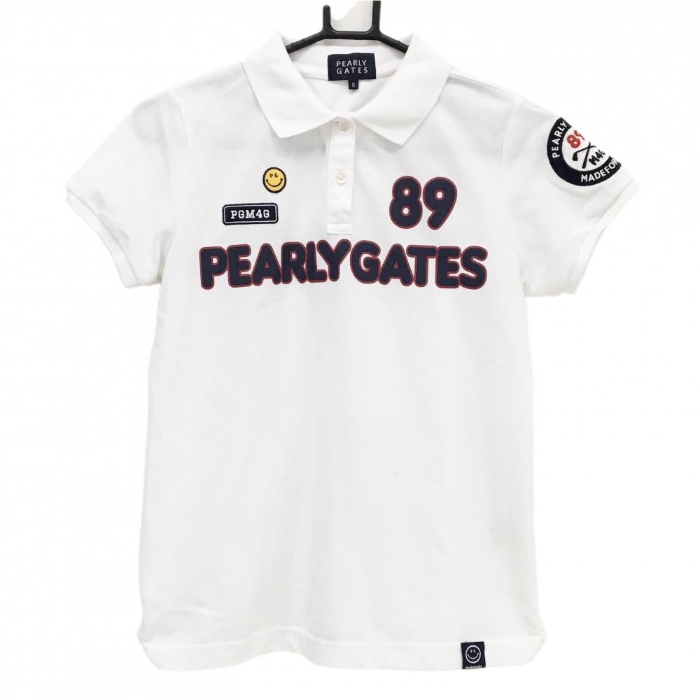 パーリーゲイツ 半袖ポロシャツ 白×ネイビー ニコちゃん スマイル ロゴプリント レディース 0(S) ゴルフウェア PEARLY GATES