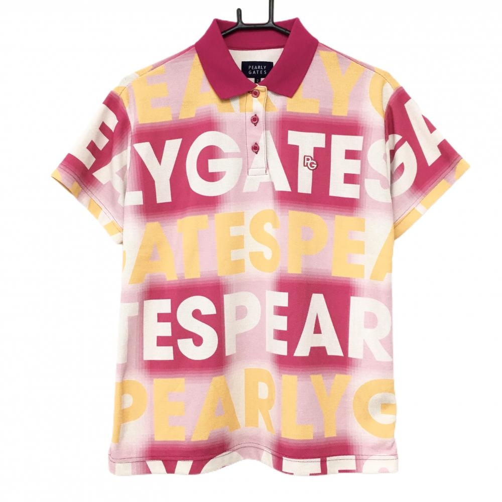 【美品】パーリーゲイツ 半袖ポロシャツ ピンク×イエロー系 ロゴ総柄  レディース 2(L) ゴルフウェア PEARLY GATES