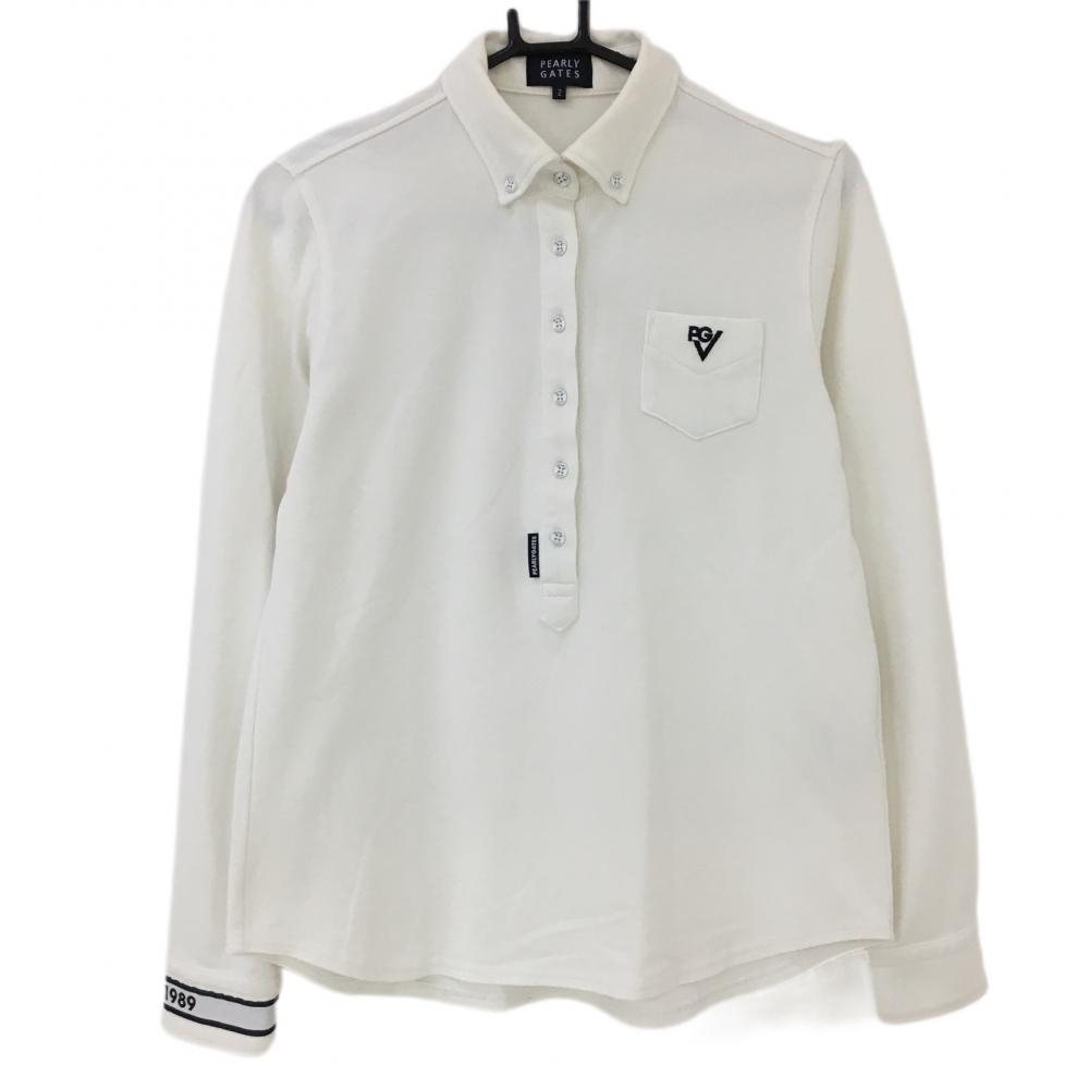 パーリーゲイツ 長袖ポロシャツ 白×黒 バックロゴ ボタンダウン  レディース 2(L) ゴルフウェア PEARLY GATES