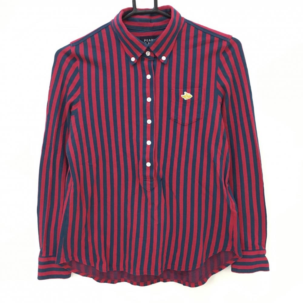 【美品】パーリーゲイツ 長袖ポロシャツ レッド×グレー ストライプ　ボタンダウン  レディース 0(S) ゴルフウェア PEARLY GATES