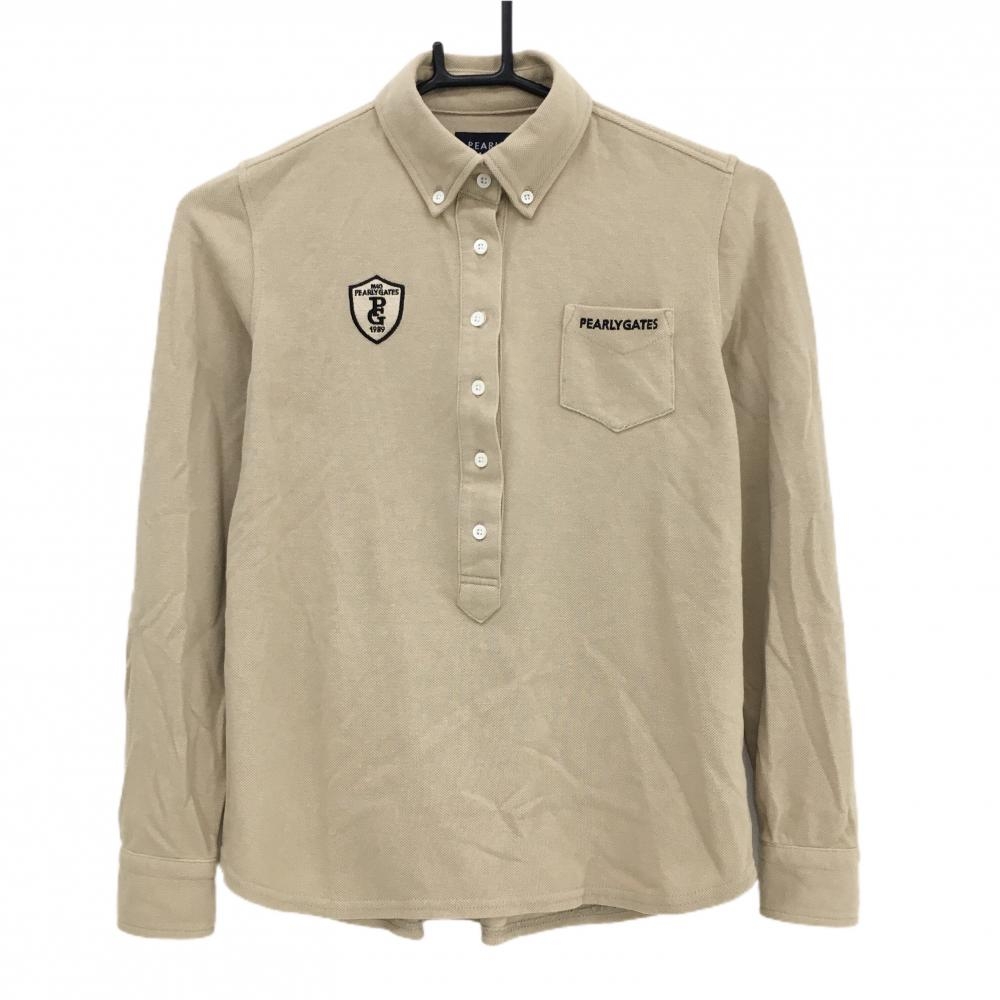 【超美品】パーリーゲイツ 長袖ポロシャツ ベージュ ボタンダウン ロゴ黒 胸ポケット付 レディース 0(S) ゴルフウェア PEARLY GATES