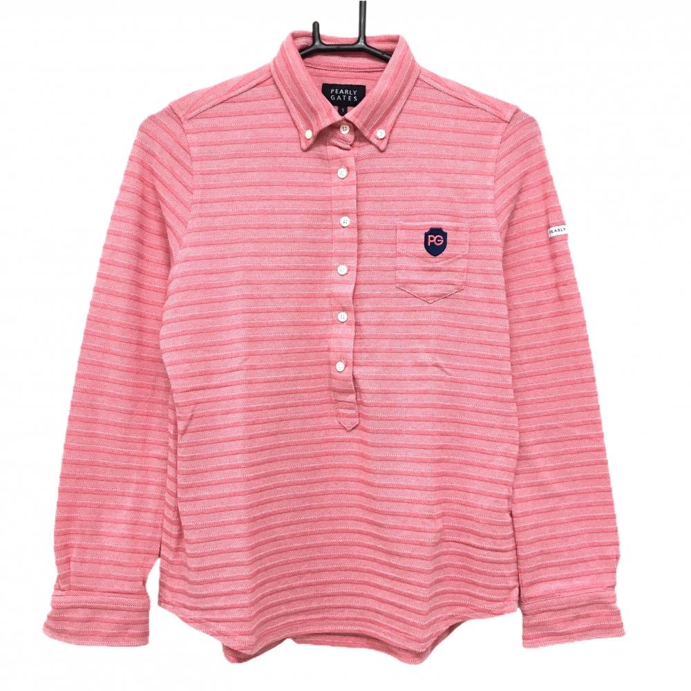 【美品】パーリーゲイツ 長袖ポロシャツ ピンク ボーダー織生地 ボタンダウン  レディース 1(M) ゴルフウェア PEARLY GATES