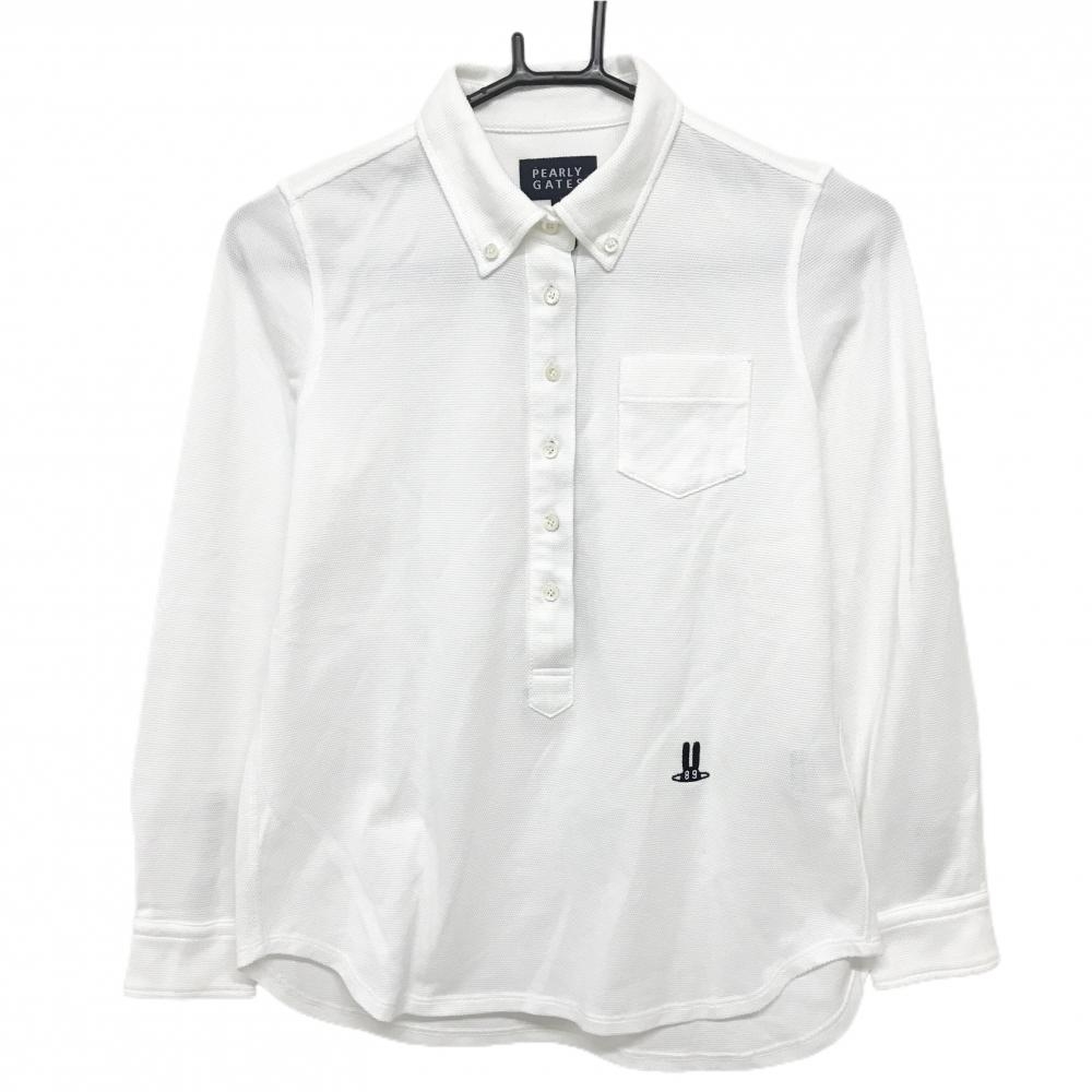 【美品】パーリーゲイツ 長袖ポロシャツ 白 前立て内側斜めストライプ ボタンダウン レディース 0(S) ゴルフウェア PEARLY GATES