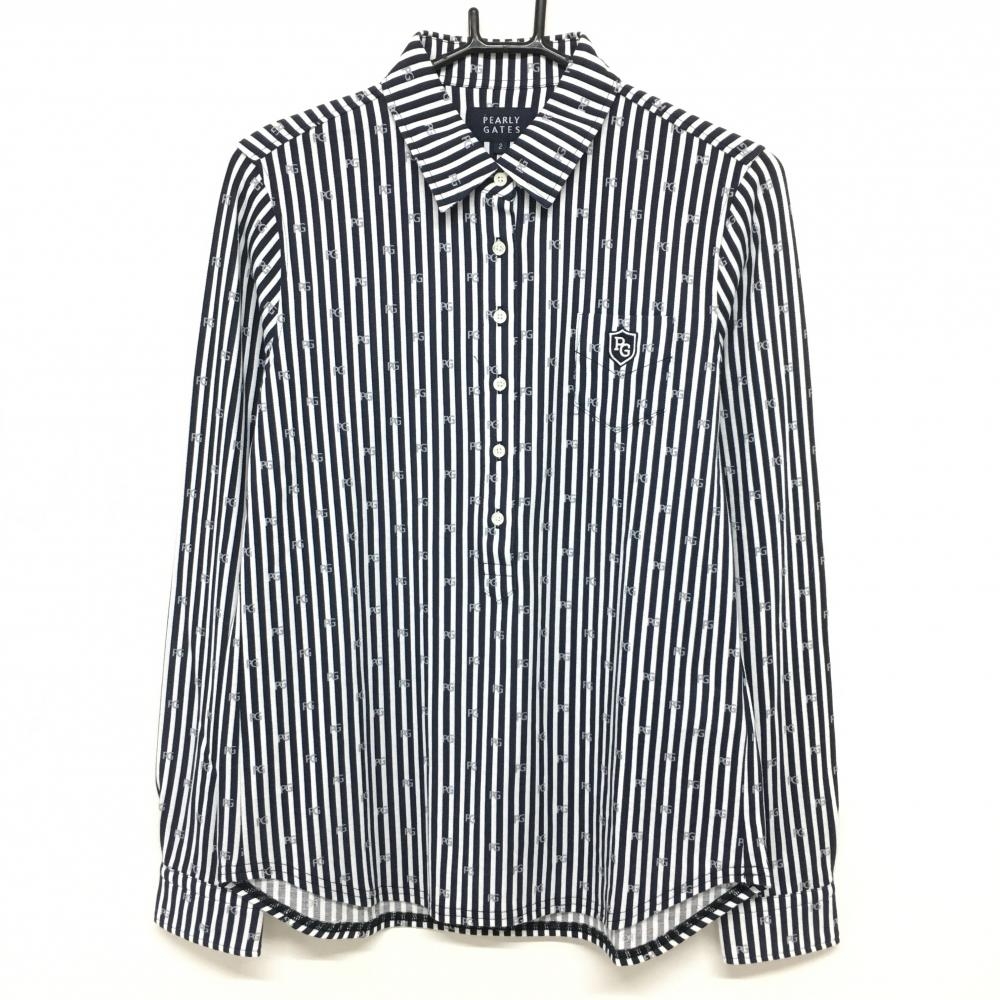 【超美品】パーリーゲイツ 長袖ポロシャツ ネイビー×白 ストライプ ロゴ総柄  レディース 2(L) ゴルフウェア PEARLY GATES