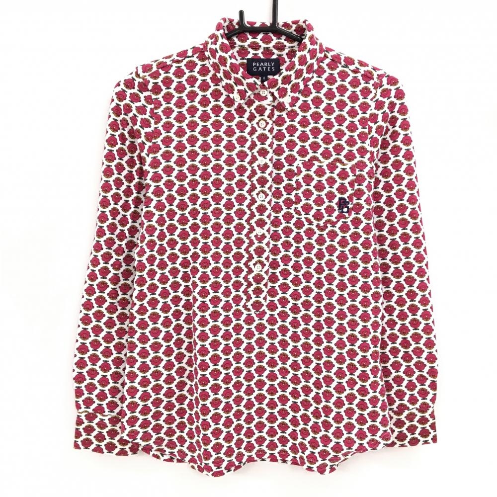【超美品】パーリーゲイツ×MR.MEN LITTLE MISS 長袖ポロシャツ 白×レッド系 総柄  レディース 0(S) ゴルフウェア PEARLY GATES