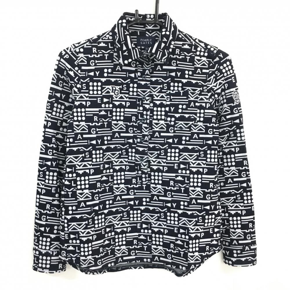 【美品】パーリーゲイツ 長袖ポロシャツ ダークネイビー×白 総柄 胸ポケット レディース 0(S) ゴルフウェア PEARLY GATES
