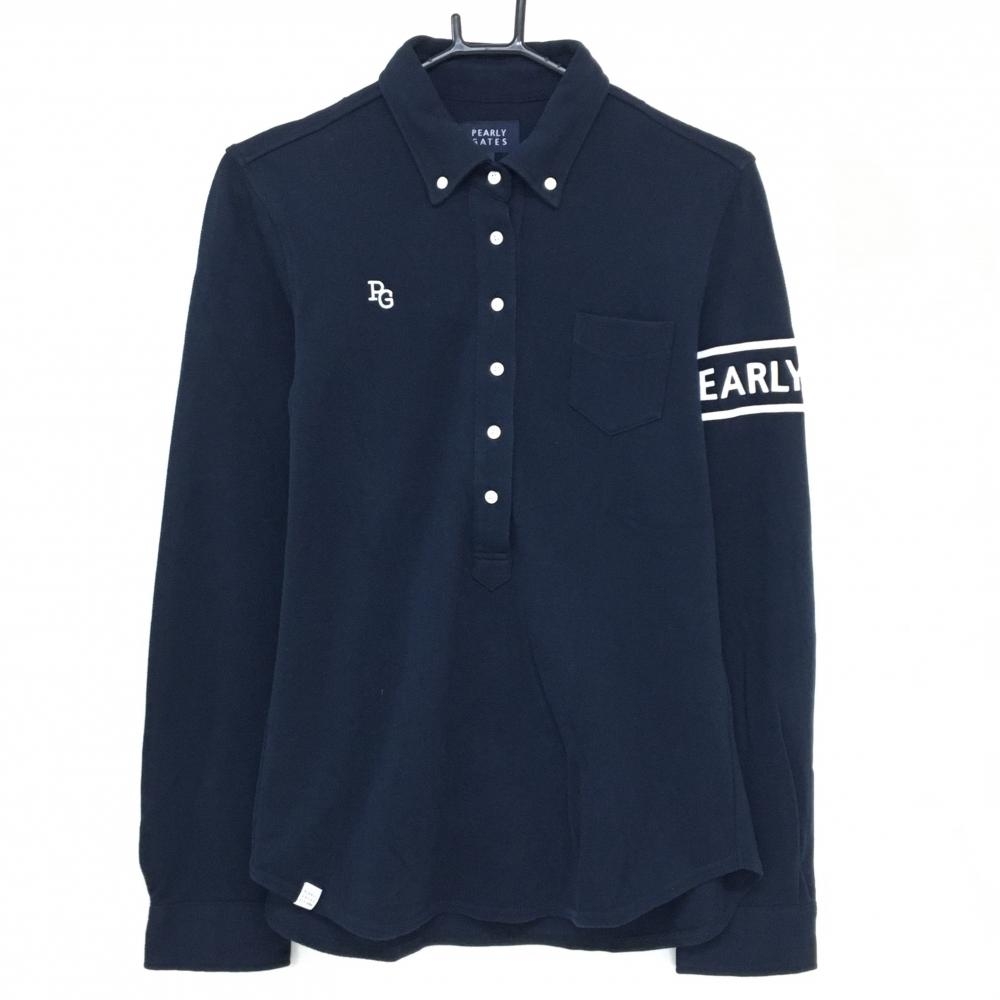 パーリーゲイツ 長袖ポロシャツ ダークネイビー×白 ボタンダウン 胸ポケット レディース 2(L) ゴルフウェア PEARLY GATES