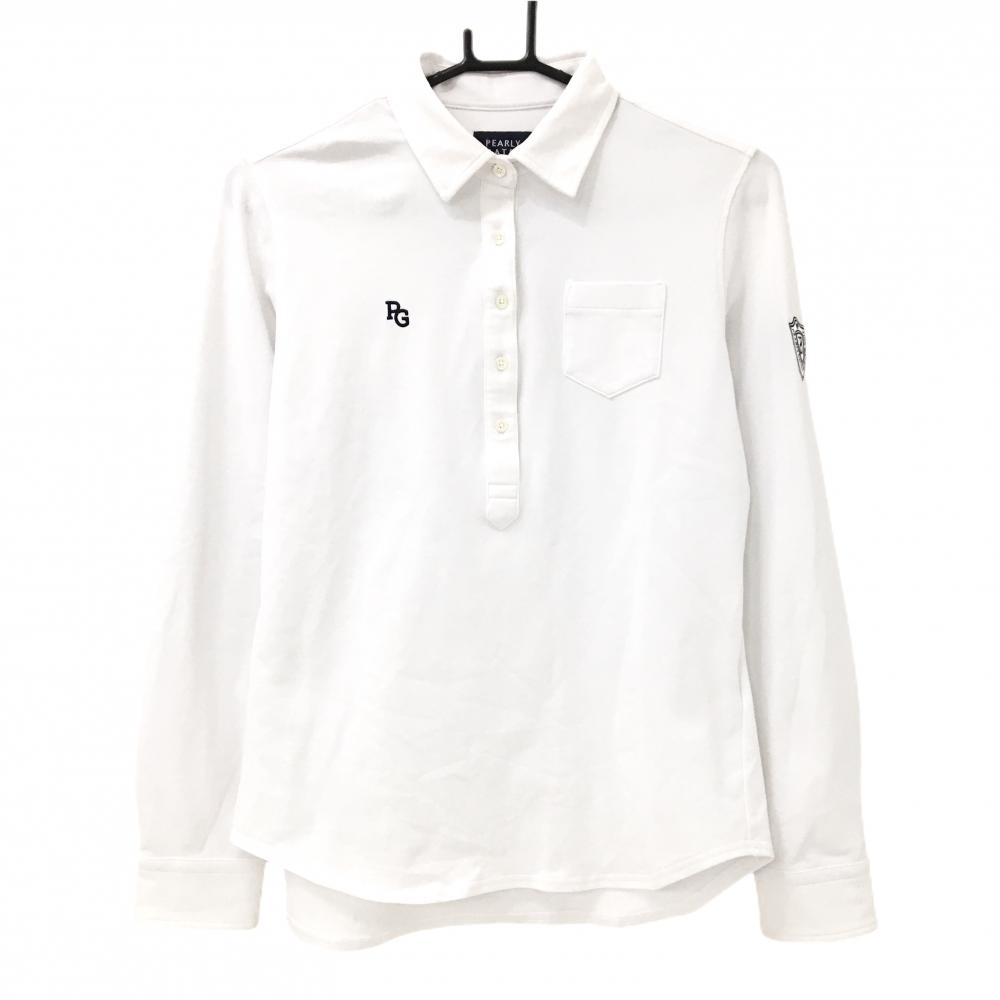 【美品】パーリーゲイツ 長袖ポロシャツ 白 胸ポケット付 ロゴネイビー　 レディース 1(M) ゴルフウェア PEARLY GATES