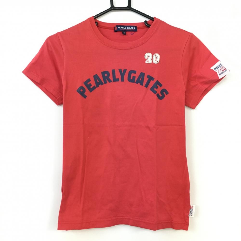 PEARLY GATES パーリーゲイツ Tシャツ レッド×ネイビー 20周年 バックプリント 星 色褪せ レディース ２(Ｌ) ゴルフウェア