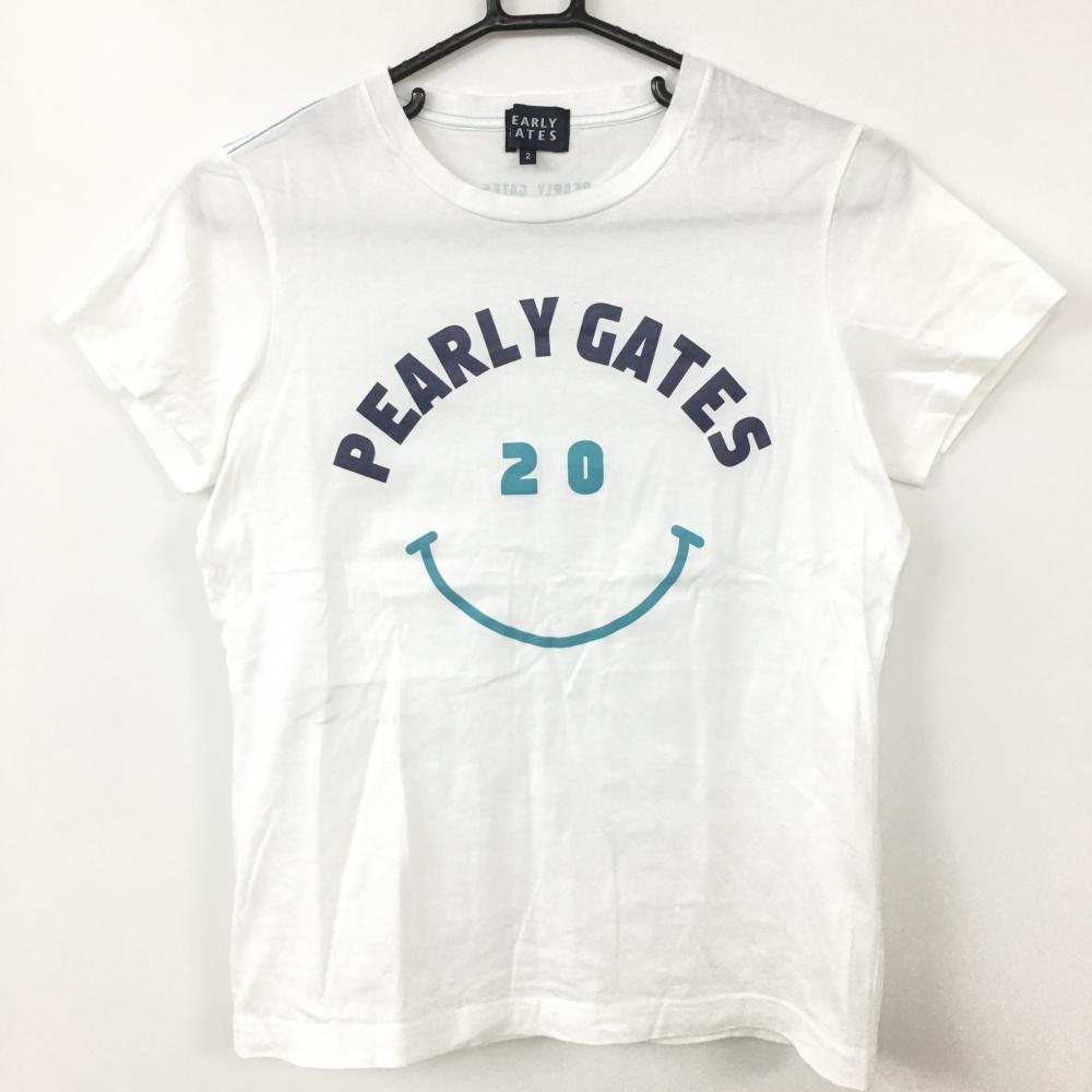 パーリーゲイツ 半袖Tシャツ 白×ネイビー 20周年 ニコちゃん スマイル  レディース 2(Ｌ) ゴルフウェア PEARLY GATES