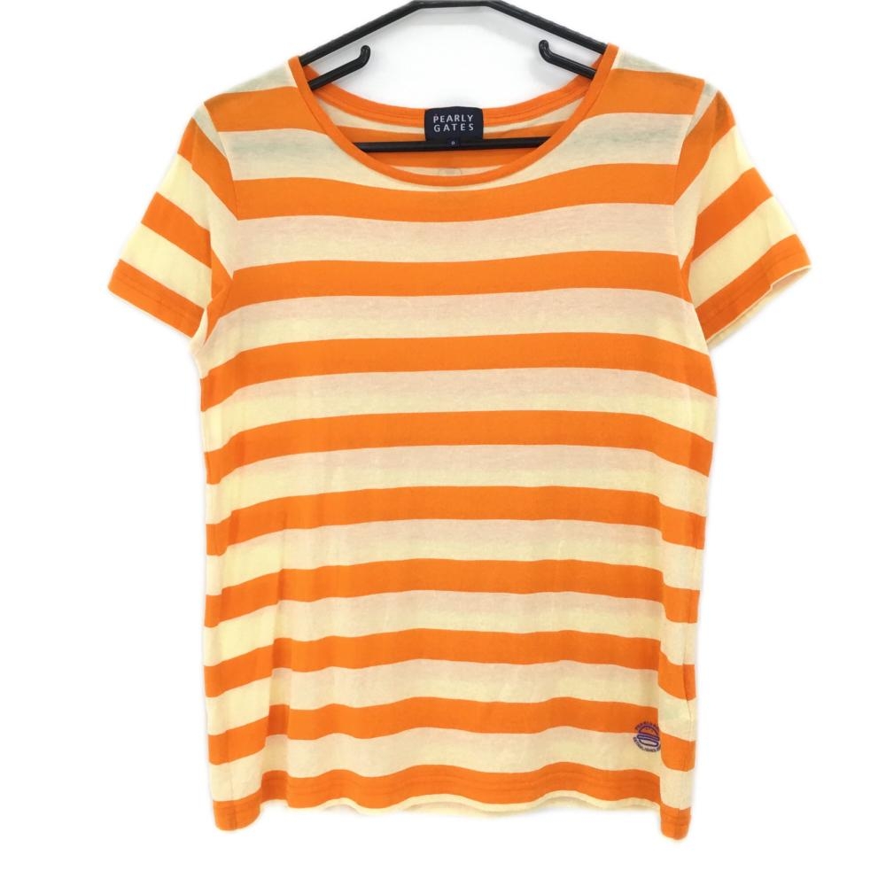 【美品】パーリーゲイツ 半袖Tシャツ オレンジ×イエロー ボーダー 薄手 レディース 0(S) ゴルフウェア PEARLY GATES