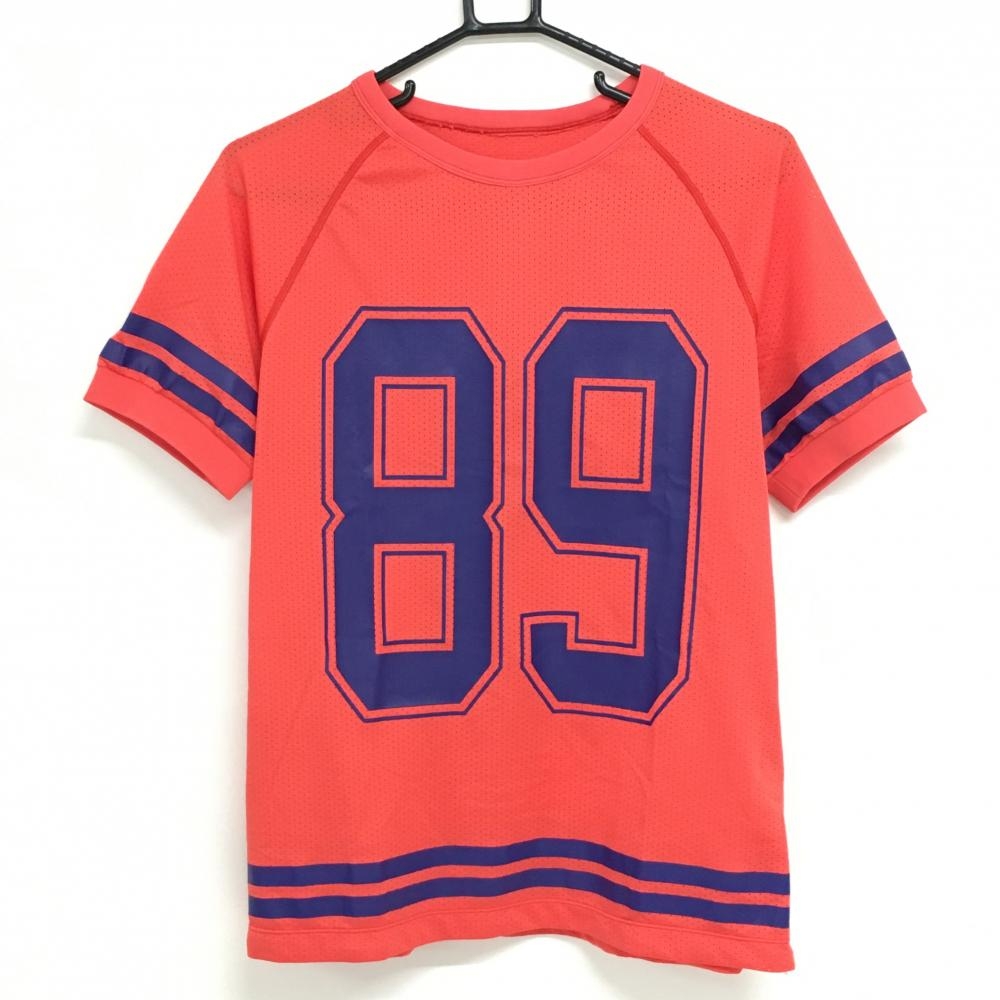 【美品】パーリーゲイツ メッシュTシャツ レッド系×ネイビー サイドジップ 裾ドローコード レディース 2(L) ゴルフウェア PEARLY GATES