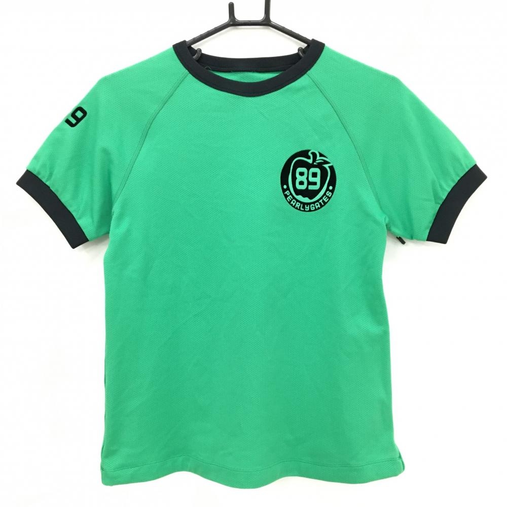 【超美品】パーリーゲイツ 半袖Tシャツ グリーン×ネイビー アップルワッペン メッシュ調  レディース 0(S) ゴルフウェア PEARLY GATES