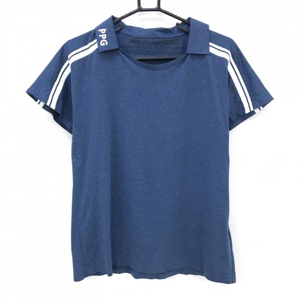 【超美品】パーリーゲイツ 襟付Tシャツ 杢ネイビー×白 肩ライン  レディース 2(L) ゴルフウェア PEARLY GATES