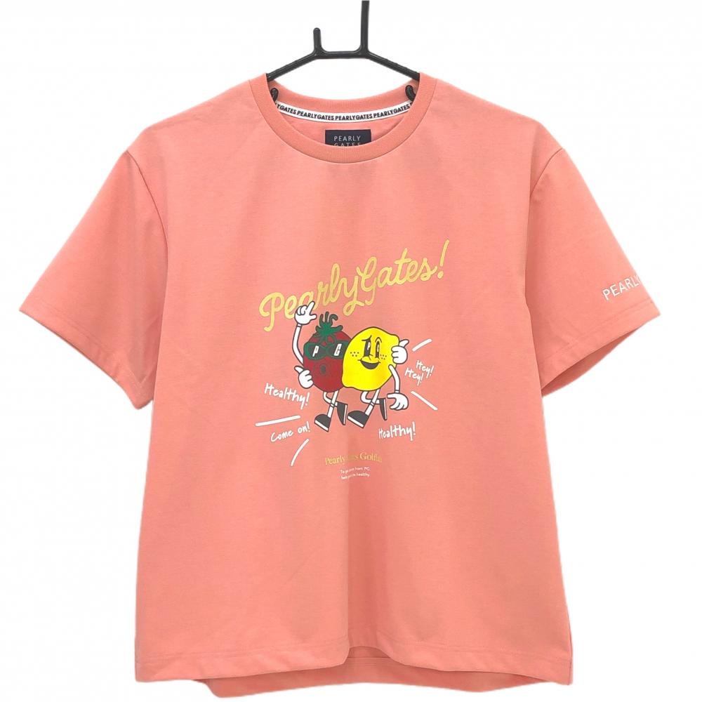 【超美品】パーリーゲイツ Tシャツ サーモンピンク トマト レモンプリント レディース 1(M) ゴルフウェア 2025年モデル PEARLY GATES