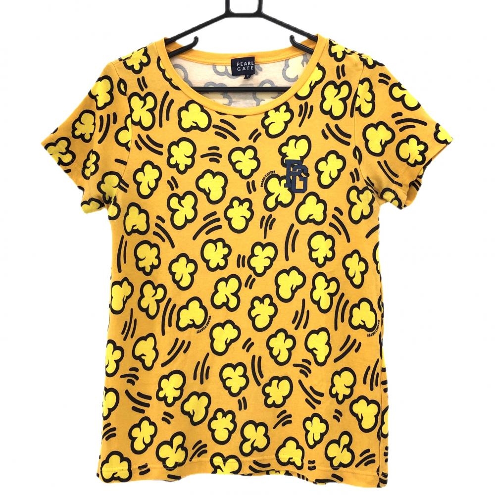 【美品】パーリーゲイツ Tシャツ ライトオレンジ×イエロー ポップコーン総柄 レディース 1(M) ゴルフウェア PEARLY GATES