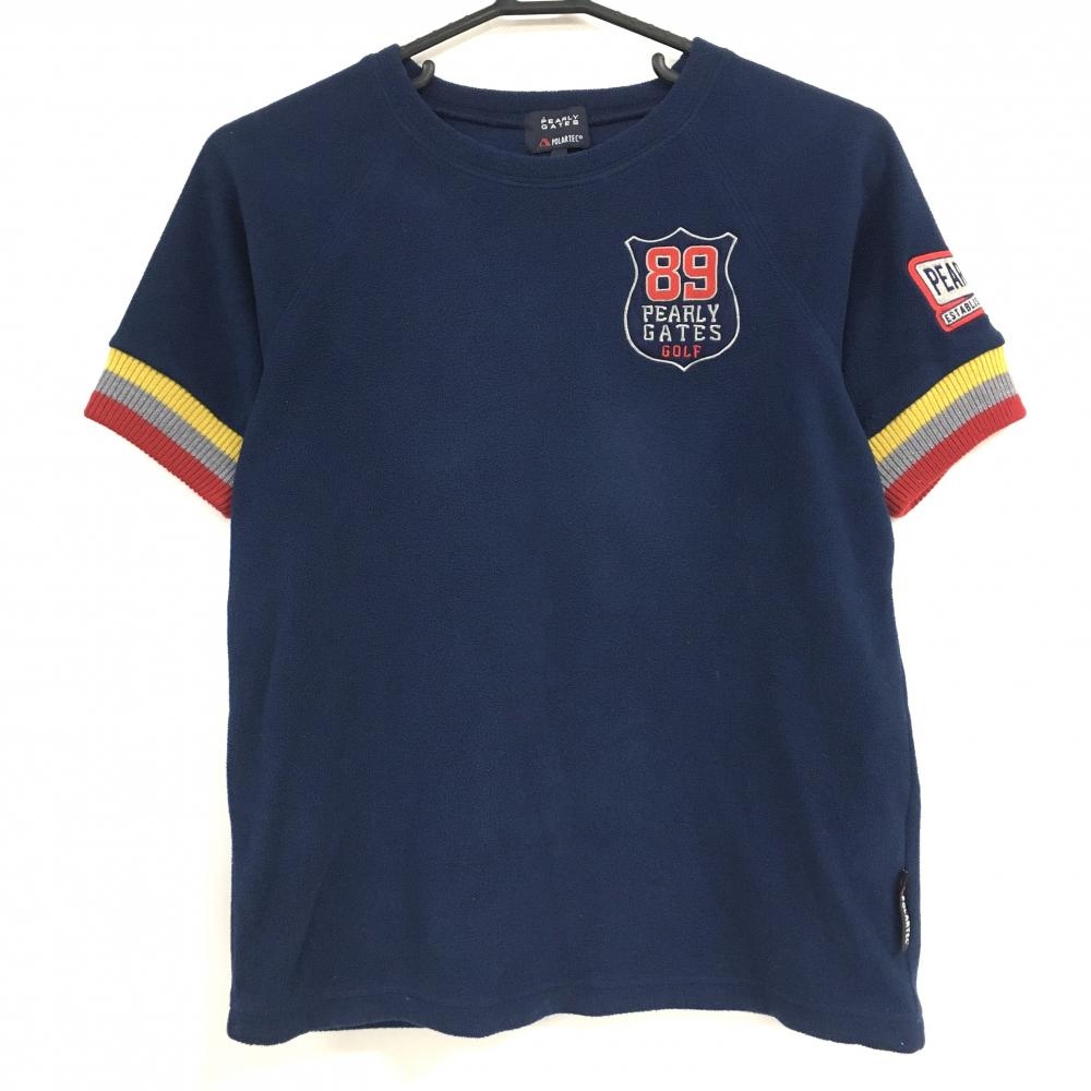 【美品】パーリーゲイツ Tシャツ ネイビー フリース地 袖口ニット  レディース 0(S) ゴルフウェア PEARLY GATES