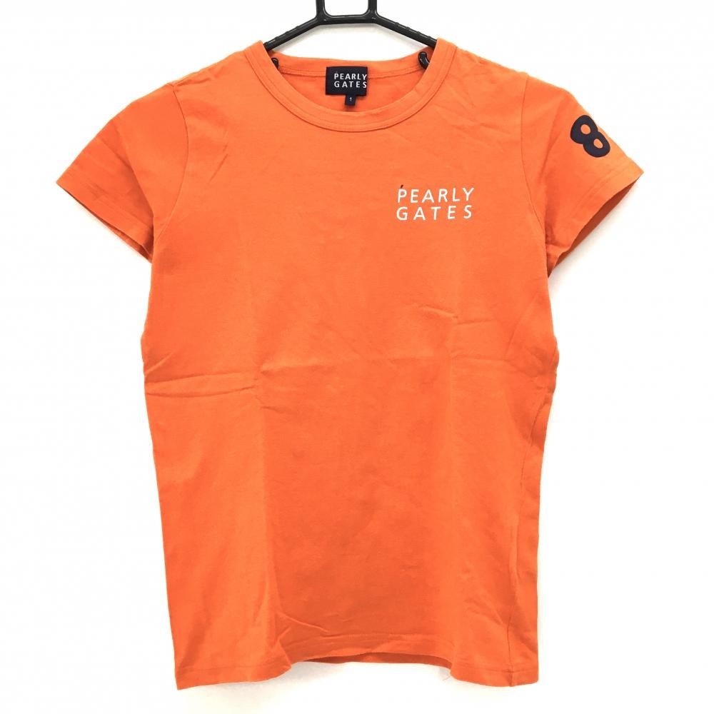 【美品】パーリーゲイツ Tシャツ オレンジ×白 ロゴプリント レディース 1(M) ゴルフウェア PEARLY GATES