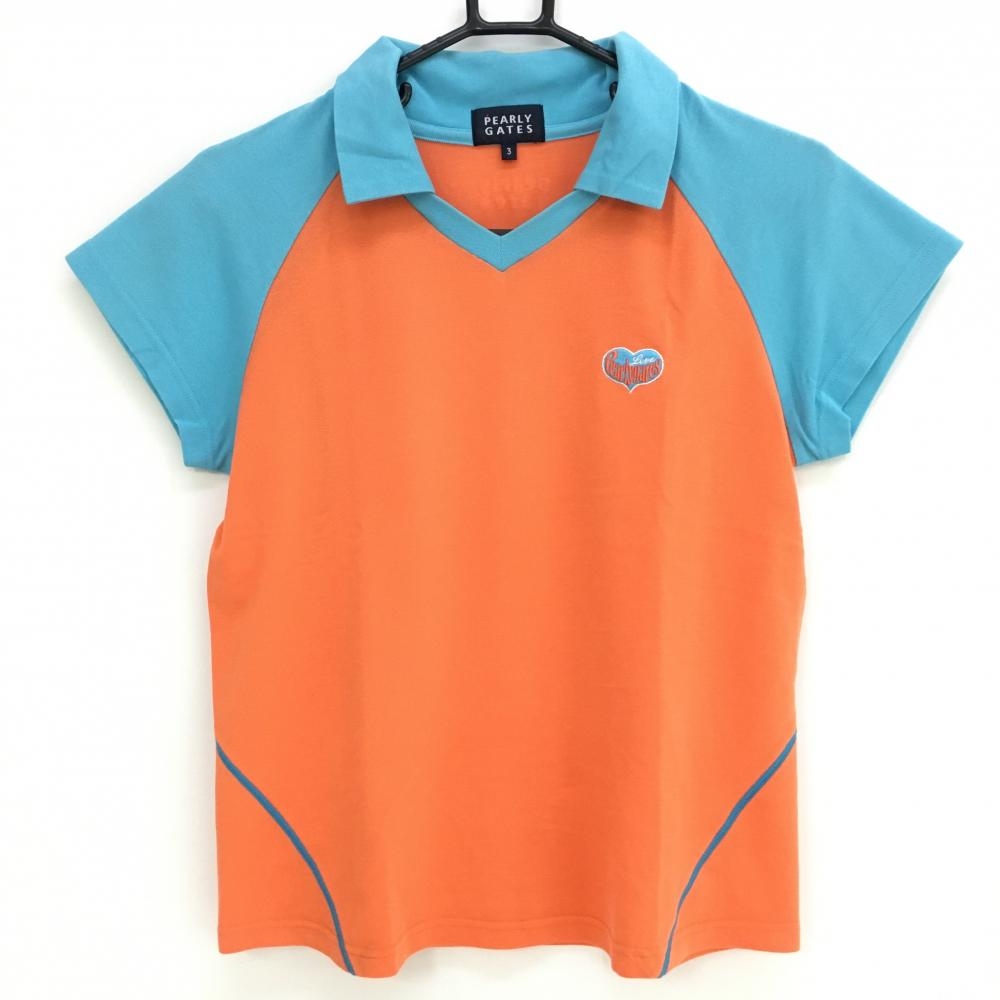 【美品】パーリーゲイツ 襟付き半袖シャツ オレンジ×ブルー ハートワッペン レディース 3(XL) ゴルフウェア PEARLY GATES