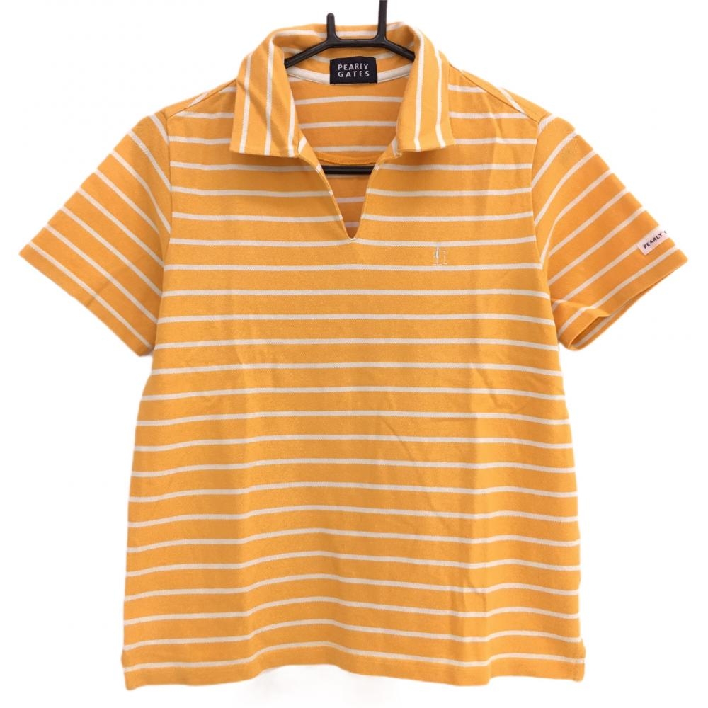 【美品】パーリーゲイツ 襟付き半袖シャツ オレンジ×白 ボーダー柄 総柄 レディース 1(M) ゴルフウェア PEARLY GATES