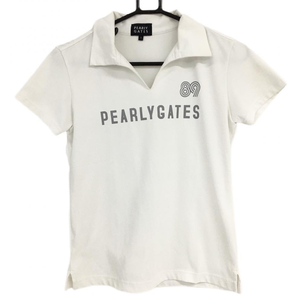 パーリーゲイツ 半袖スキッパーシャツ 白×グレー プリントロゴ  レディース 1(M) ゴルフウェア PEARLY GATES 画像