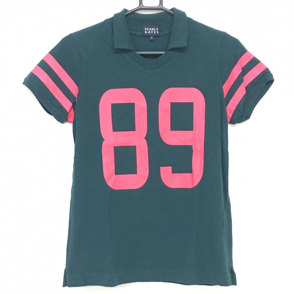 【美品】パーリーゲイツ 半袖スキッパーシャツ ダークグリーン×ピンク ナンバリングプリント レディース 0(S) ゴルフウェア PEARLY GATES