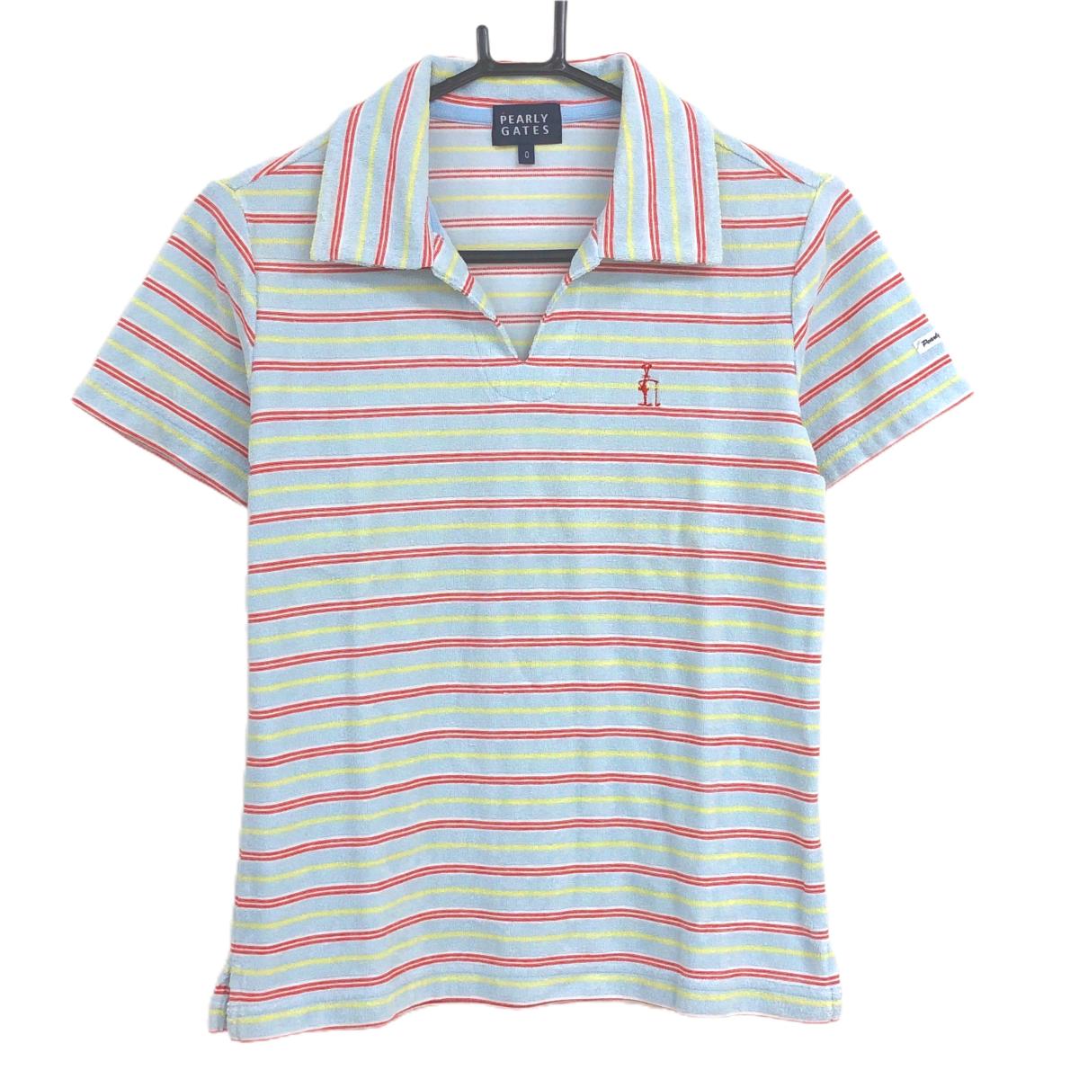 【美品】パーリーゲイツ 半袖スキッパーシャツ ライトブルー×レッド ボーダー パイル地 レディース 0(S) ゴルフウェア PEARLY GATES