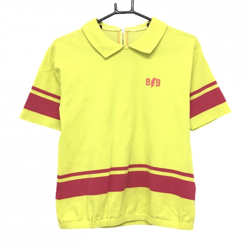 【美品】パーリーゲイツ 襟付き半袖シャツ イエロー×ピンク 後ろハーフジップ イナズマ レディース 0(S) ゴルフウェア PEARLY GATES