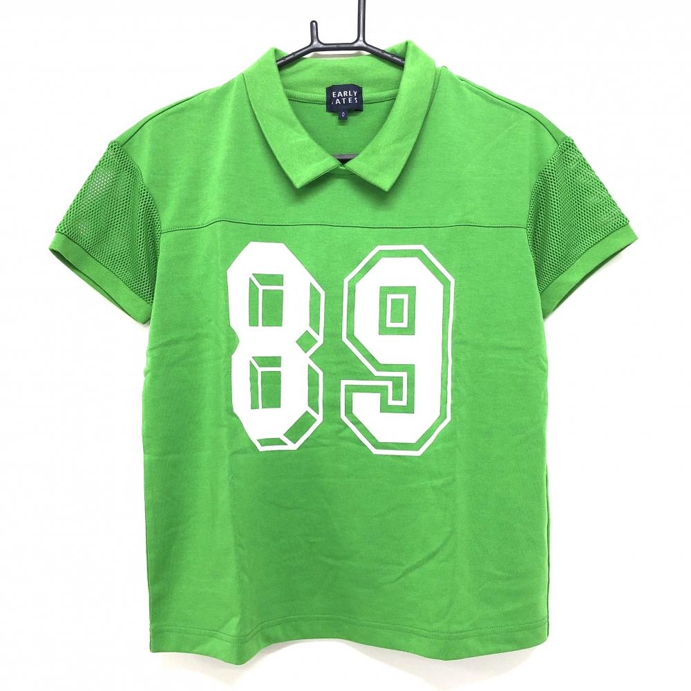 【超美品】パーリーゲイツ 襟付き半袖シャツ グリーン×白 フロントロゴ 袖メッシュ レディース 0(S) ゴルフウェア PEARLY GATES