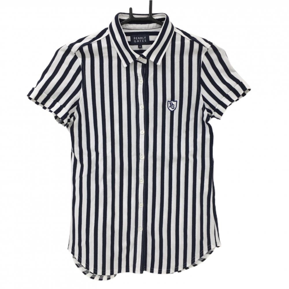 【美品】パーリーゲイツ 半袖シャツ ネイビー×白 ストライプ コットン混 レディース 0(S) ゴルフウェア PEARLY GATES