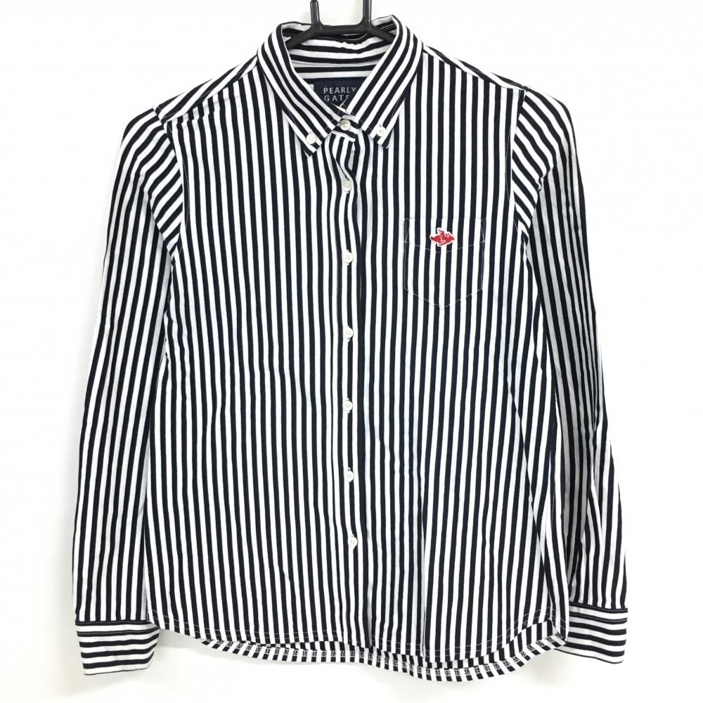 パーリーゲイツ 長袖シャツ 白×黒 ストライプ ボタンダウン レディース 1(M) ゴルフウェア PEARLY GATES