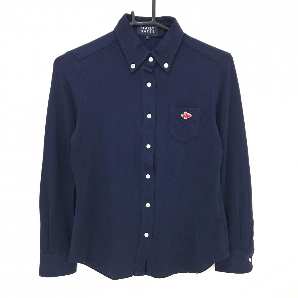 【美品】パーリーゲイツ 長袖シャツ ネイビー 胸ポケット ボタンダウン レディース 0(S) ゴルフウェア PEARLY GATES