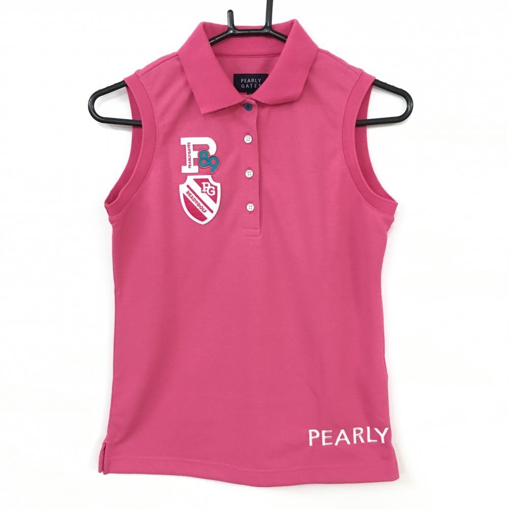 【超美品】2020年＊PEARLY GATES パーリーゲイツ ノースリーブポロシャツ ピンク×白 襟裏ボーダー  レディース 00(XS) ゴルフウェア