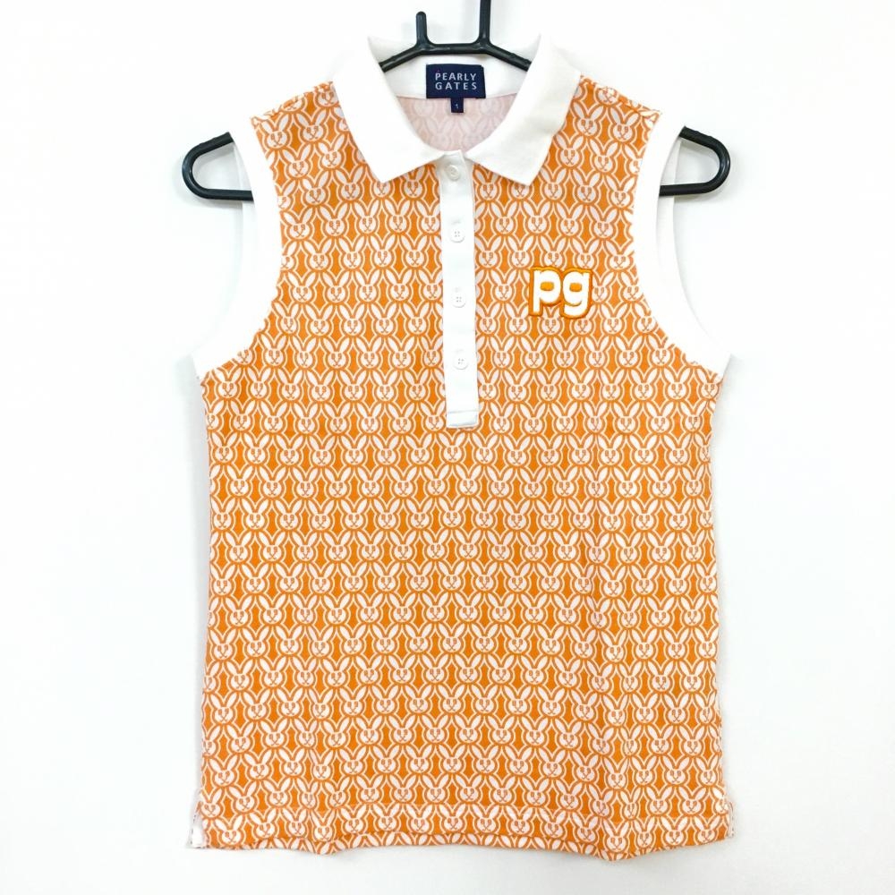 【美品】PEARLY GATES パーリーゲイツ ノースリーブポロシャツ オレンジ×白 うさぎ柄 総柄 レディース 1(M) ゴルフウェア