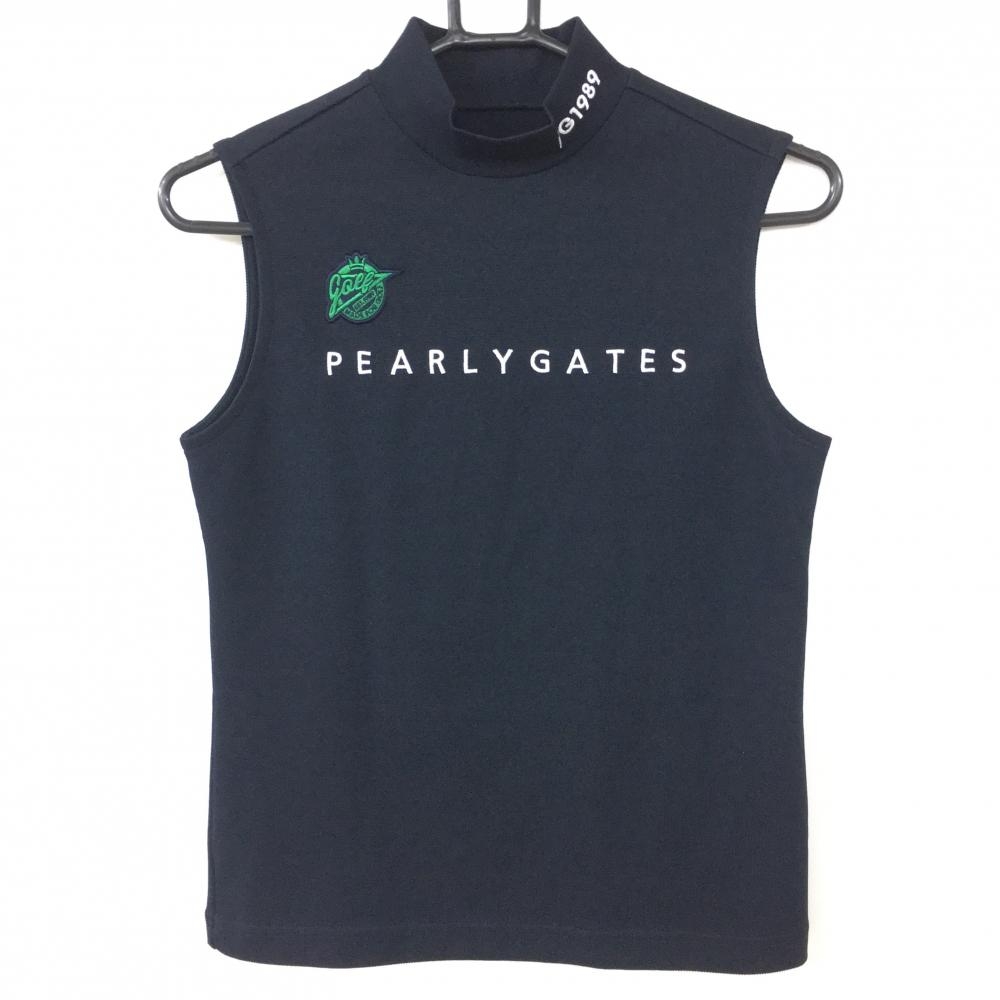 【超美品】PEARLY GATES パーリーゲイツ ノースリーブシャツ ネイビー×白 ハイネック ロゴ刺しゅう レディース 0(S) ゴルフウェア